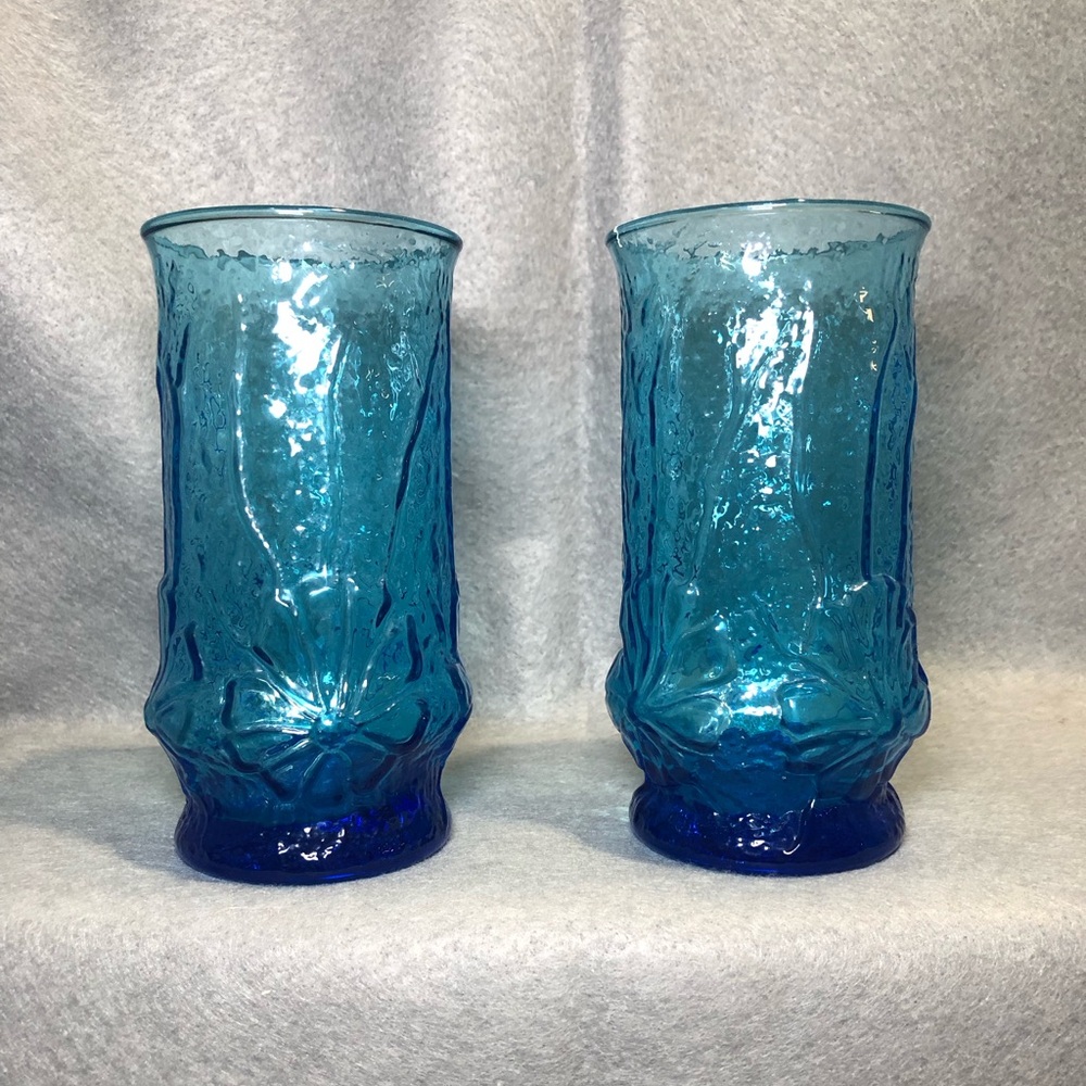SET OF 2 VINTAGE ANCHOR HOCKING RAINFLOWER LASER BLUE 16oz DRINKING GLASSES